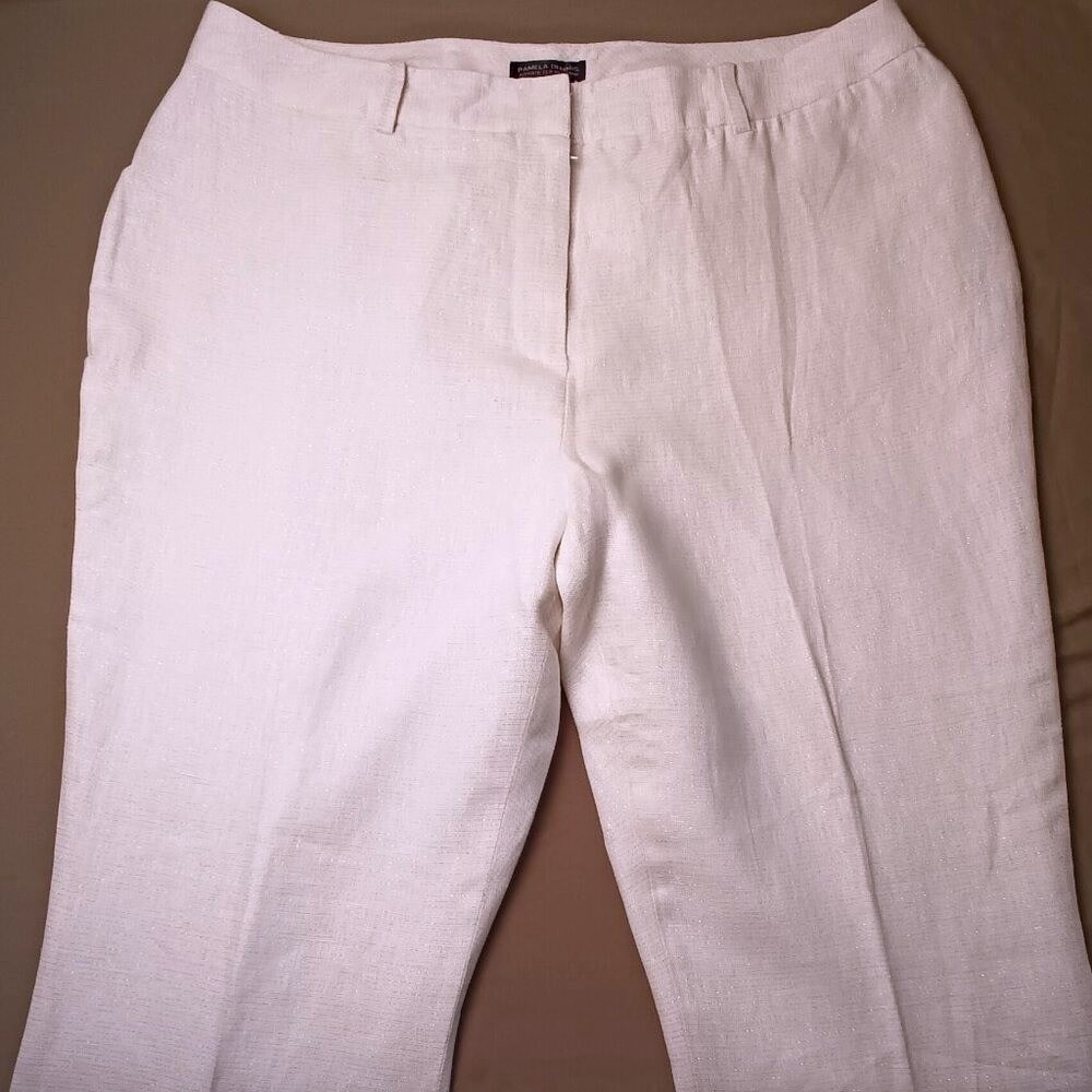 Pamela Dennis Women High Rise Wide Leg Linen Pants Size 20W White Sparkly